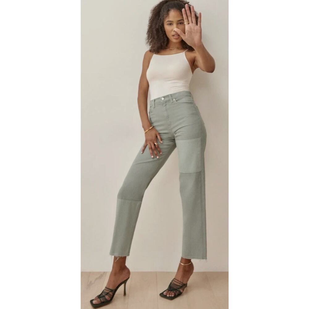 Reformation Ryan High Rise Straight Jeans Sage Green Tonal Patch Size‎ 24 EUC